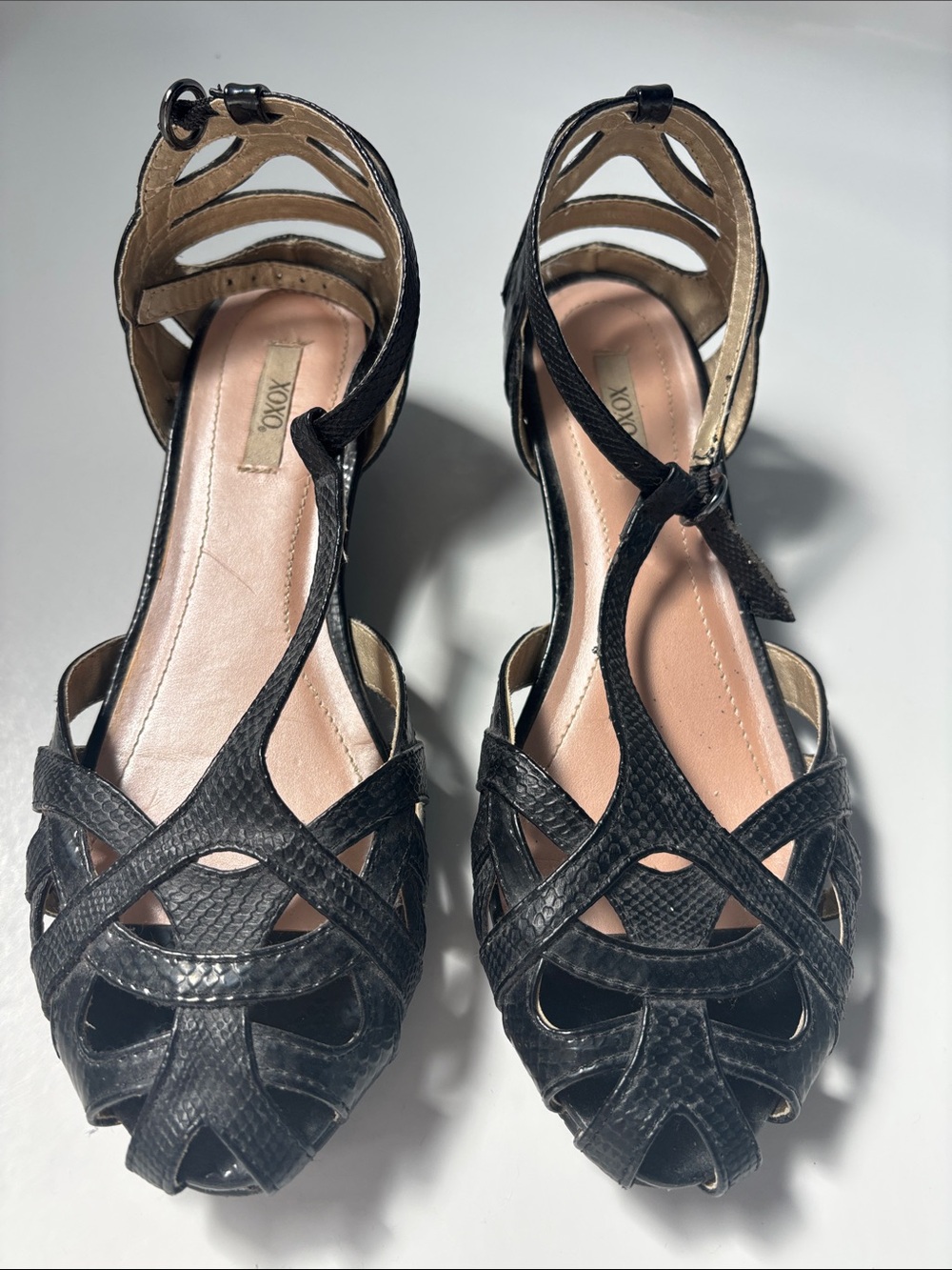XOXO Black Woven T-Strap Peep-Toe Heels